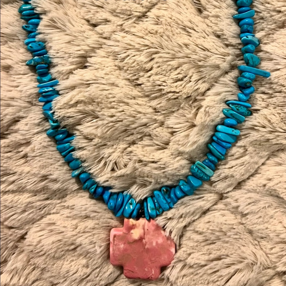 Stunning Turquoise and Pink Cross Necklace 18in
